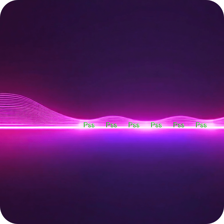Minimal glowing neon waveform synth horizon over dark plum background. Clean, modern. Subtle motion blur. Song title Pss repeated