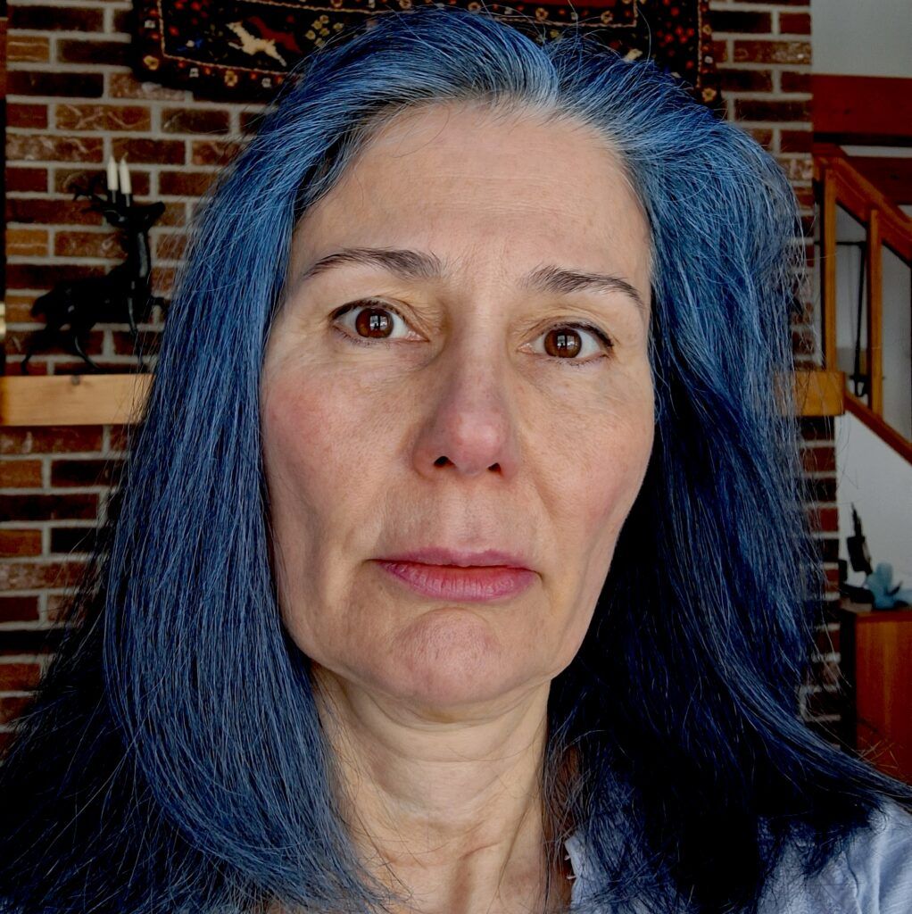 woman with blue hair joking about how breakfast changes from 20s to 40s