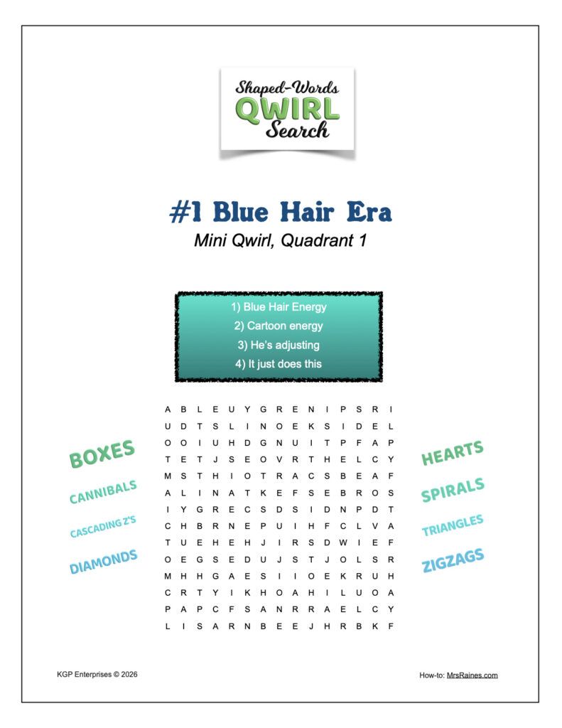 unique word search with shaped words, about blue hair energy