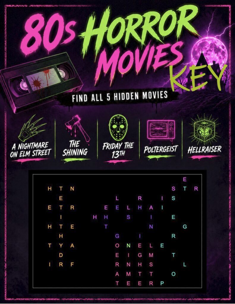 1980s Horror Movies word search brain game puzzle